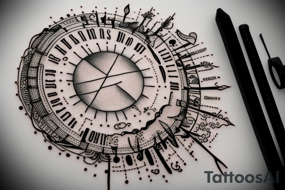 In bold antique typewriter font, a quote "Vivere disce" surrounded by a sundial and comet tattoo idea