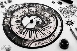 In bold antique font, a quote "Vivere disce" surrounded by a sundial and comet tattoo idea