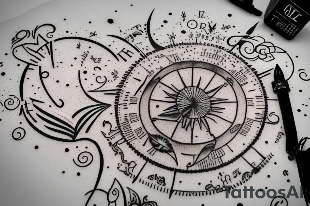 In bold antique font, a quote "Vivere disce" surrounded by a sundial and comet tattoo idea