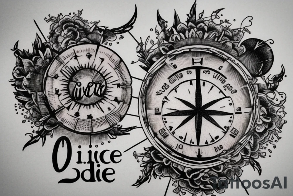 In bold antique font, a quote "Vivere disce" surrounded by a sundial and comet tattoo idea