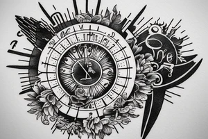 In bold antique font, a quote "Vivere disce" surrounded by a sundial and comet tattoo idea