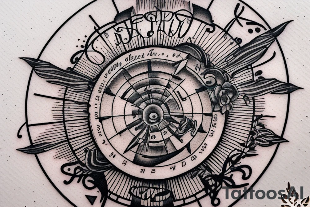 In bold antique font, a quote "Vivere disce" highlighted by a sundial and trailing comet tattoo idea