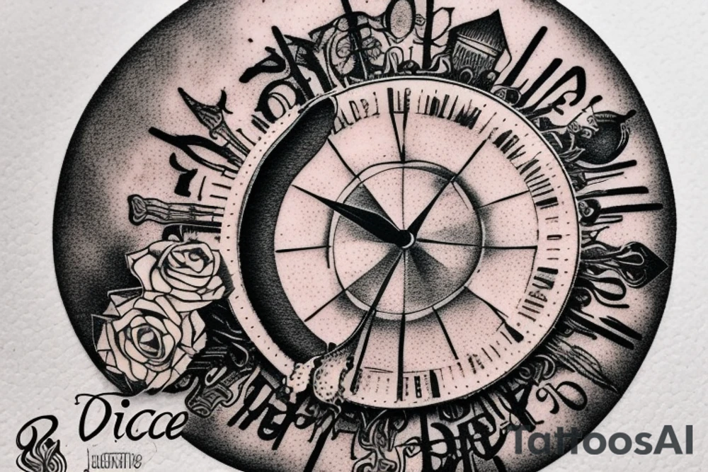 In bold antique font, a quote "Vivere disce" highlighted by a sundial and trailing comet tattoo idea
