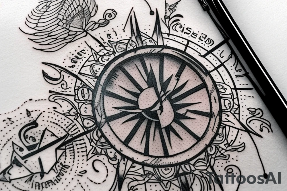 In bold antique font, a quote "Vivere disce" highlighted by a sundial and trailing comet tattoo idea