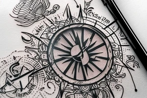 In bold antique font, a quote "Vivere disce" highlighted by a sundial and trailing comet tattoo idea
