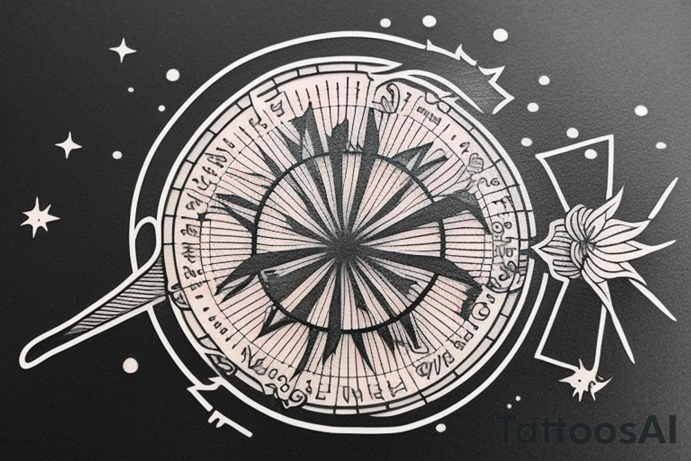 Quote "Vivere disce" highlighted by a sundial and trailing comet tattoo idea