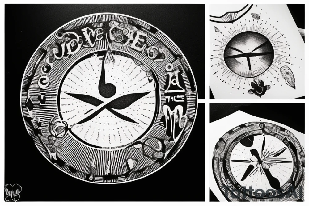 Quote "Vivere disce" highlighted by a sundial and trailing comet tattoo idea