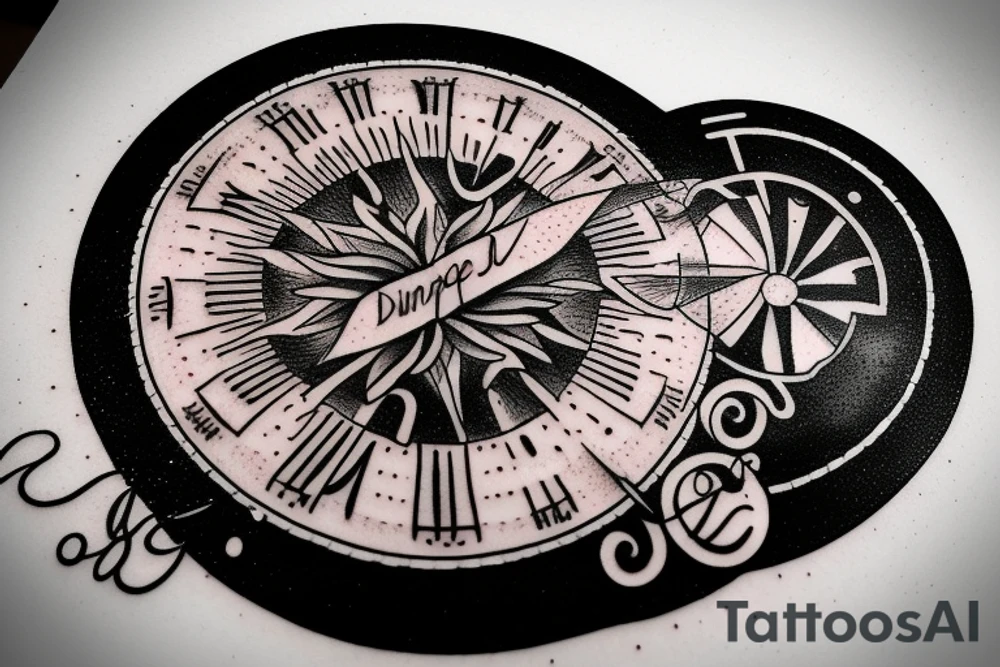 Quote "Vivere disce" highlighted by a sundial and trailing comet tattoo idea