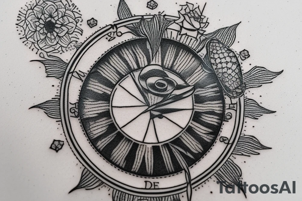 Quote "Vivere disce" highlighted by a sundial and trailing comet tattoo idea