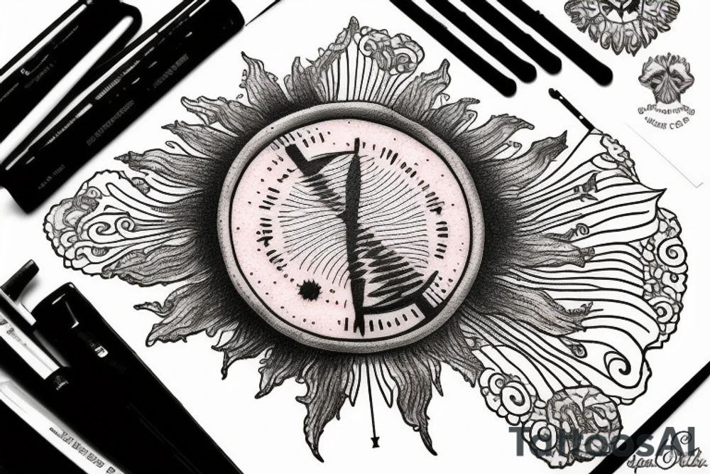 Quote "Vivere disce" highlighted by a sundial and trailing comet tattoo idea