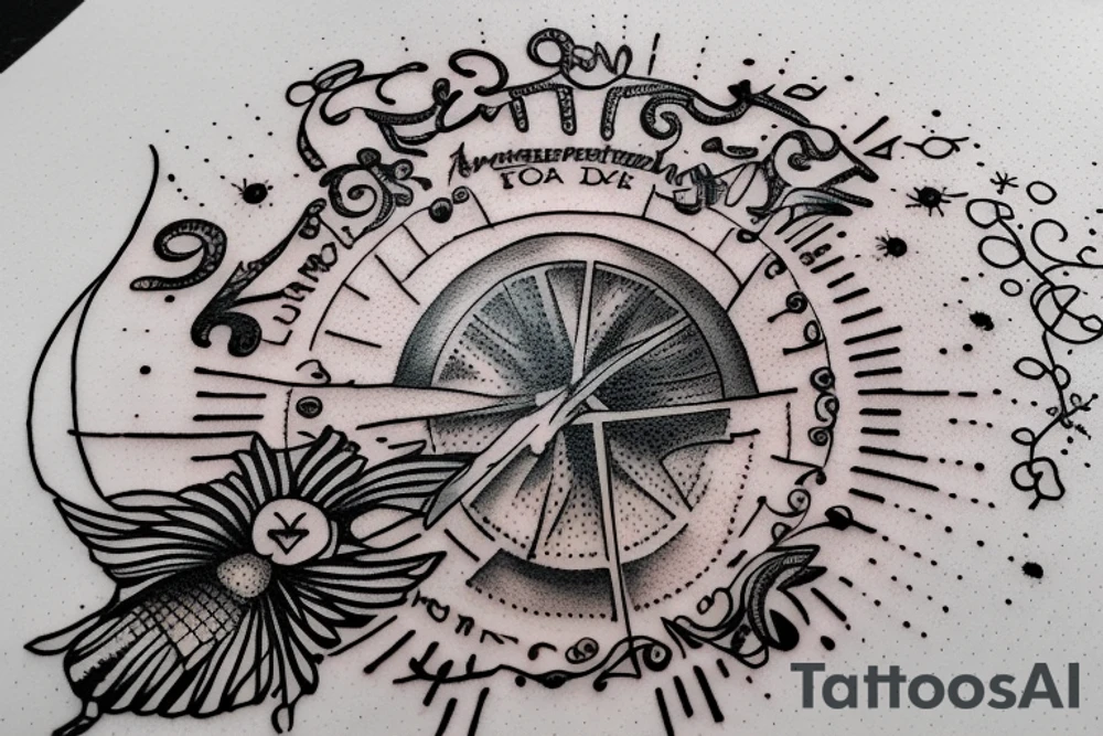 Quote "Vivere disce" highlighted by a sundial and trailing comet tattoo idea