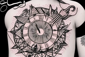 Quote "Vivere disce" highlighted by a sundial and trailing comet tattoo idea