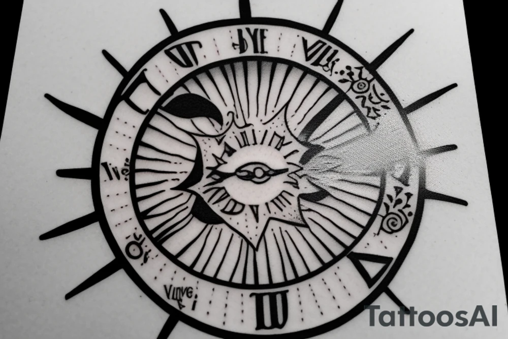 Quote "Vivere disce" highlighted by a sundial and trailing comet tattoo idea