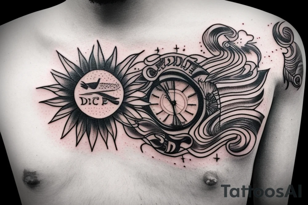 Quote "Vivere disce" highlighted by a sundial and trailing comet tattoo idea