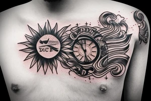 Quote "Vivere disce" highlighted by a sundial and trailing comet tattoo idea