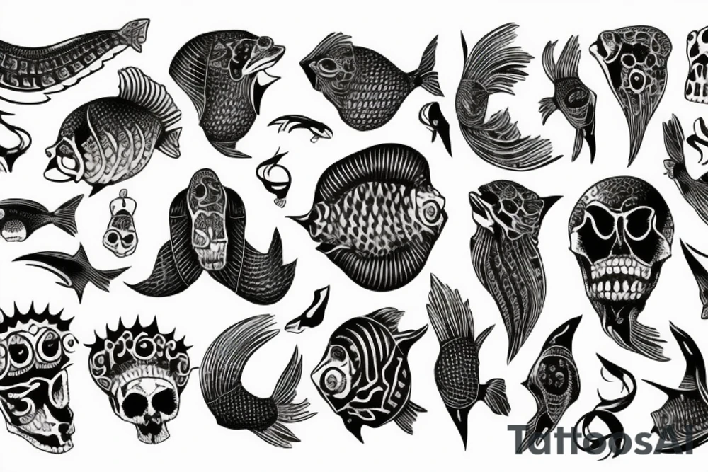 Quote "Bara döda fiskar följer strömmen" surrounded with the bones fish tattoo idea