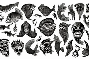 Quote "Bara döda fiskar följer strömmen" surrounded with the bones fish tattoo idea