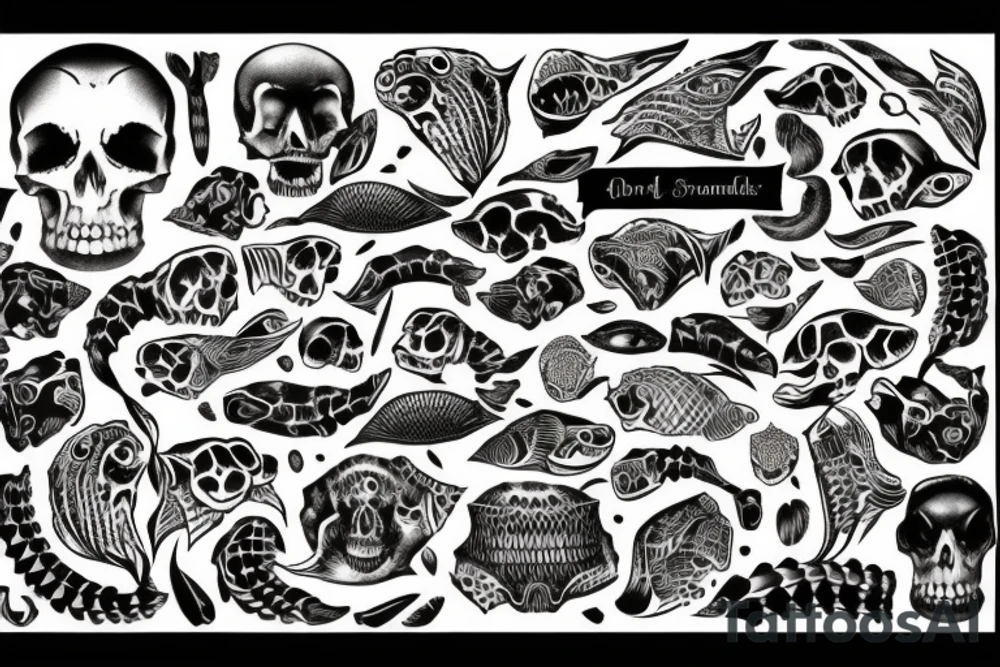 Quote "Bara döda fiskar följer strömmen" surrounded with the bones fish tattoo idea