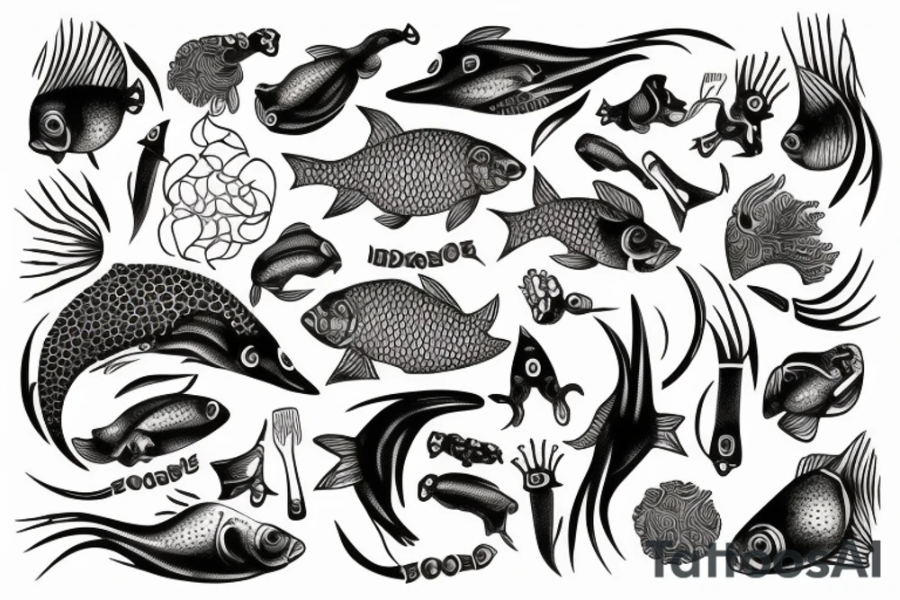 Quote "Bara döda fiskar följer strömmen" surrounded with the bones fish tattoo idea