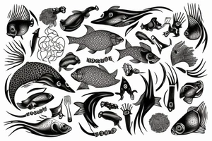 Quote "Bara döda fiskar följer strömmen" surrounded with the bones fish tattoo idea