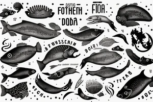 In type writer front quote "Bara döda fiskar följer strömmen" surrounded and highlighted by fish fossils and waves tattoo idea