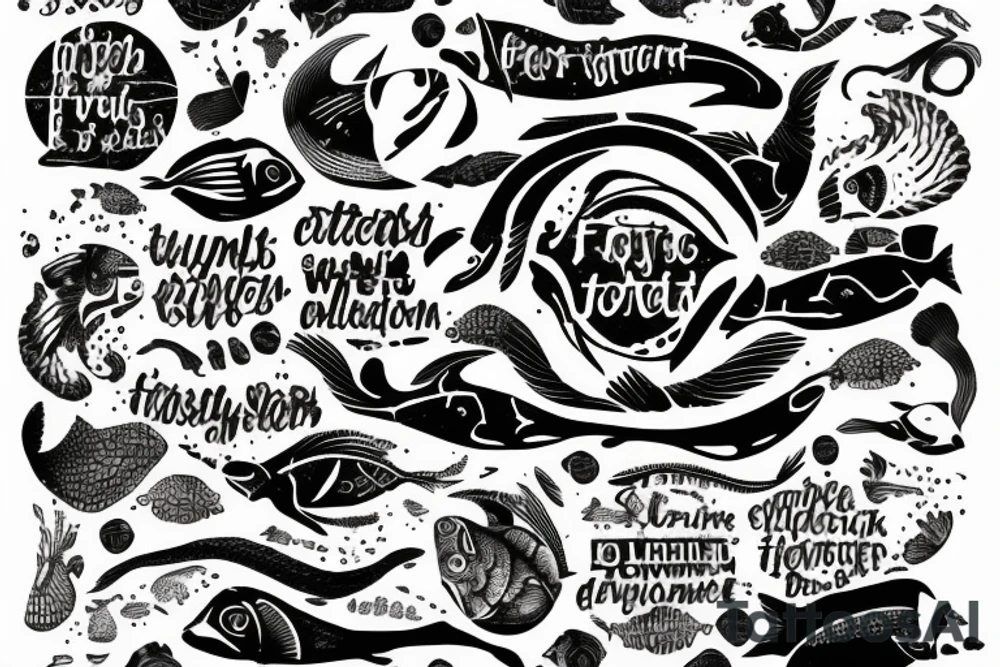 In type writer front quote "Bara döda fiskar följer strömmen" surrounded and highlighted by fish fossils and waves tattoo idea