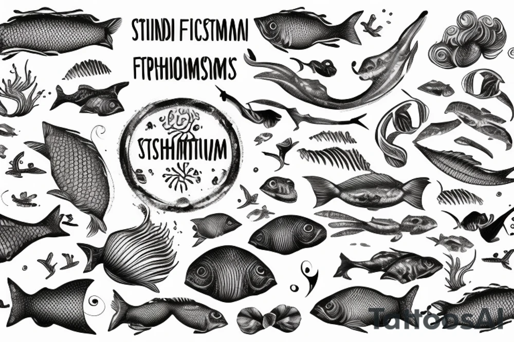 In type writer front quote "Bara döda fiskar följer strömmen" surrounded and highlighted by fish fossils and waves tattoo idea