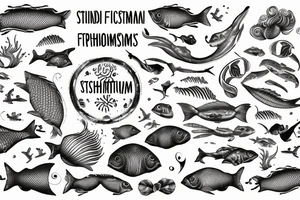 In type writer front quote "Bara döda fiskar följer strömmen" surrounded and highlighted by fish fossils and waves tattoo idea