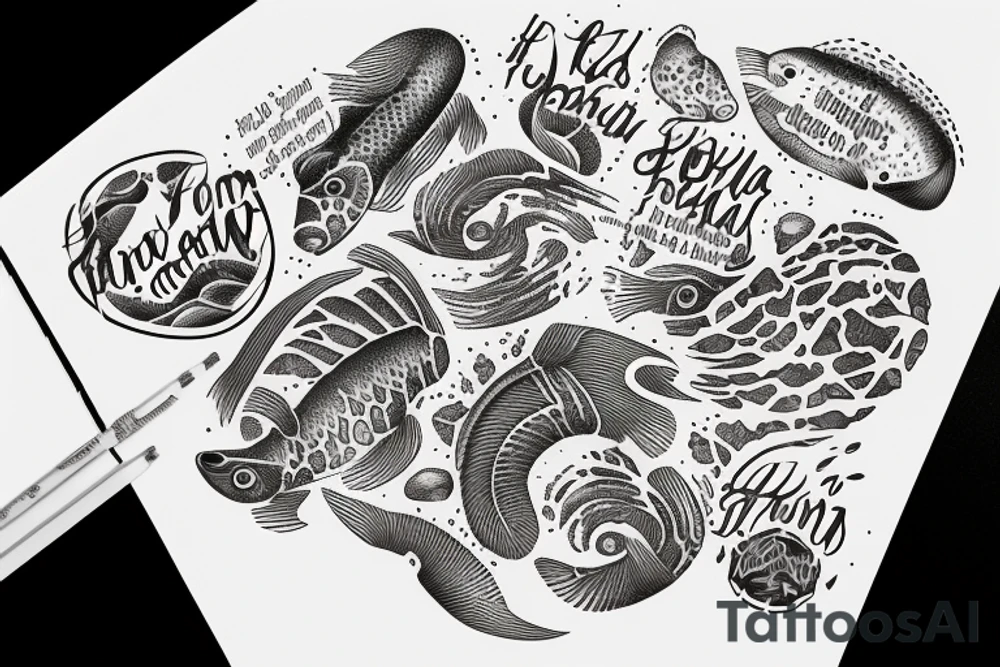 In type writer front quote "Bara döda fiskar följer strömmen" surrounded and highlighted by fish fossils and waves tattoo idea