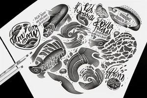 In type writer front quote "Bara döda fiskar följer strömmen" surrounded and highlighted by fish fossils and waves tattoo idea