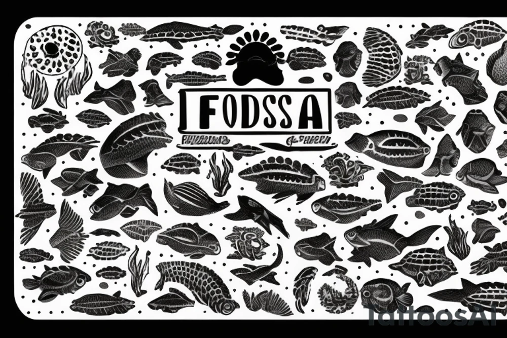 In type writer front quote "Bara döda fiskar följer strömmen" surrounded and highlighted by fish fossils and waves tattoo idea