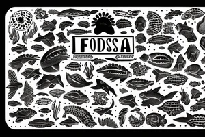 In type writer front quote "Bara döda fiskar följer strömmen" surrounded and highlighted by fish fossils and waves tattoo idea