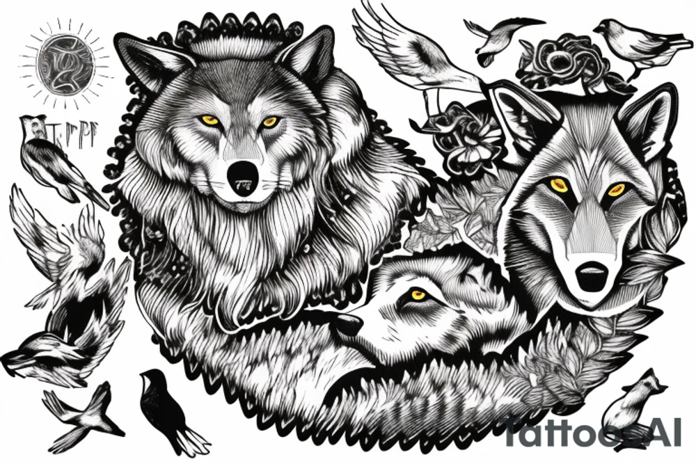 In type writer front quote "A fronte praecipitium a tergo lupi" surrounded by wolves, birds and a cliff tattoo idea