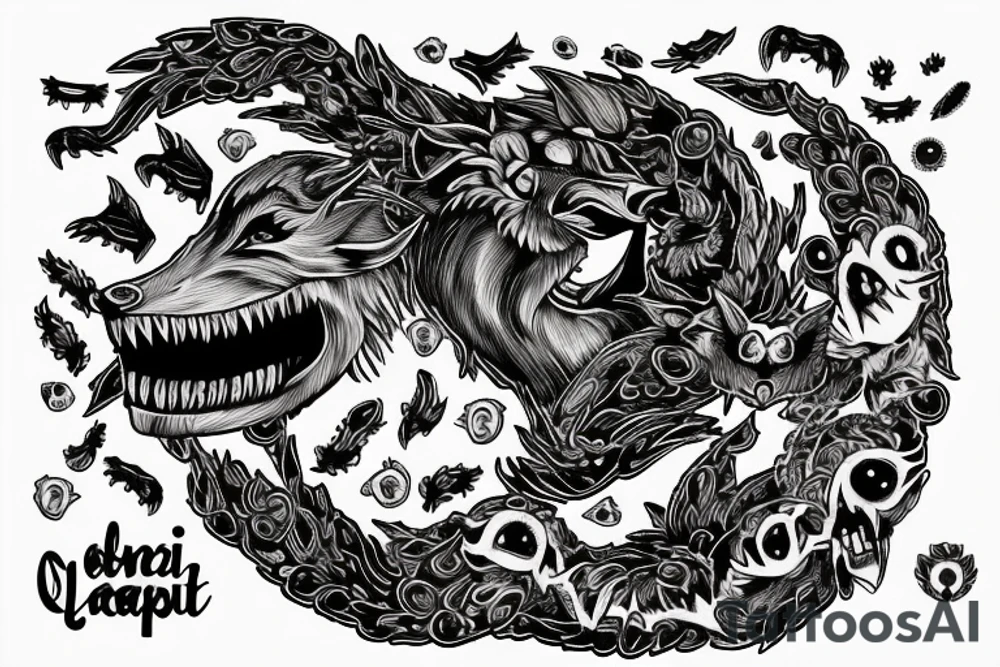 In type writer front quote "A fronte praecipitium a tergo lupi" surrounded by fangs, birds and a cliff tattoo idea