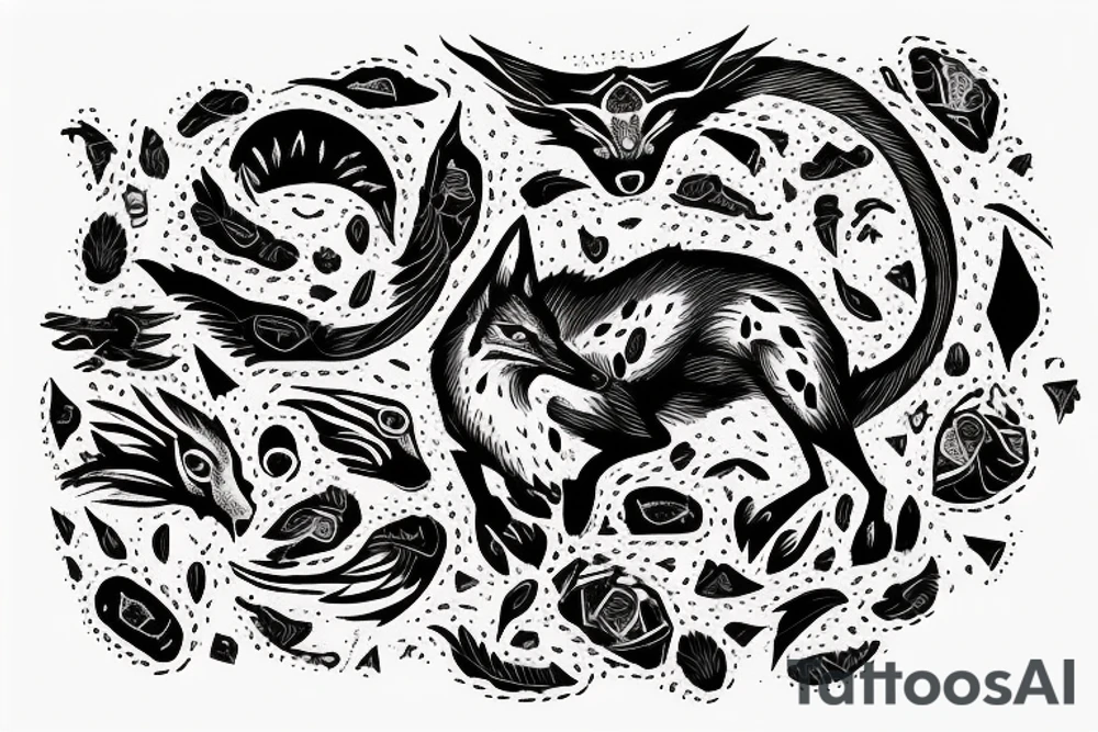 In type writer front quote "A fronte praecipitium a tergo lupi" surrounded by fangs, birds and a cliff tattoo idea