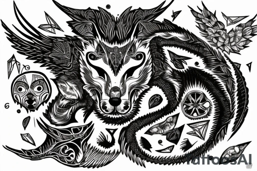 In type writer front quote "A fronte praecipitium a tergo lupi" surrounded by fangs, birds and a cliff tattoo idea