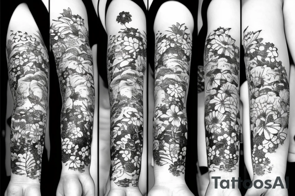 Mountains with flowers tattoo idea