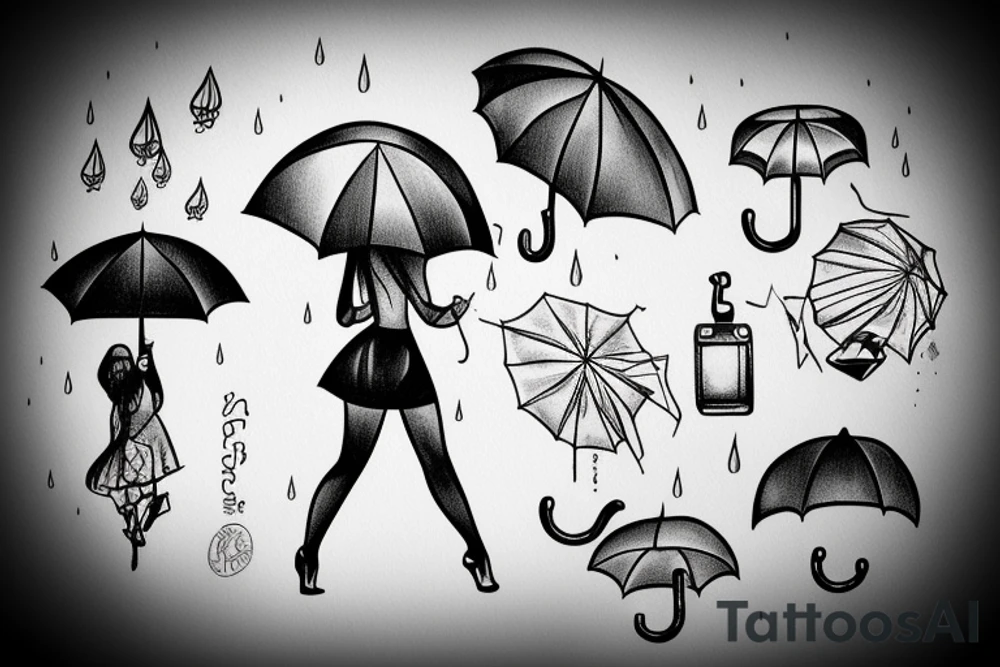 beautiful girl with umbrella under streetlight in rain tattoo idea