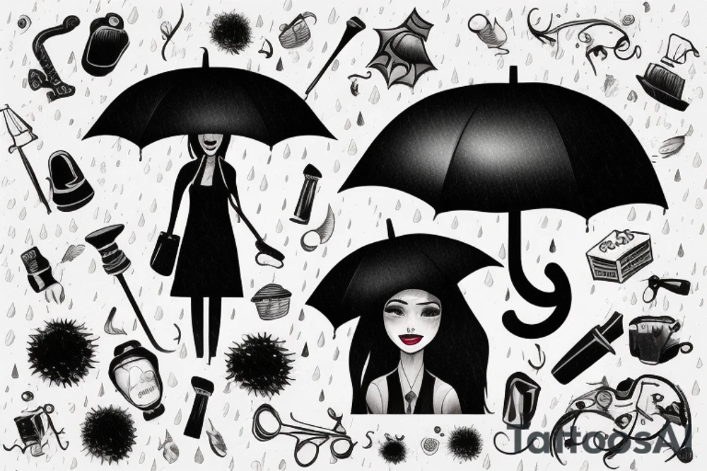 beautiful girl with umbrella under a streetlight in rain tattoo idea