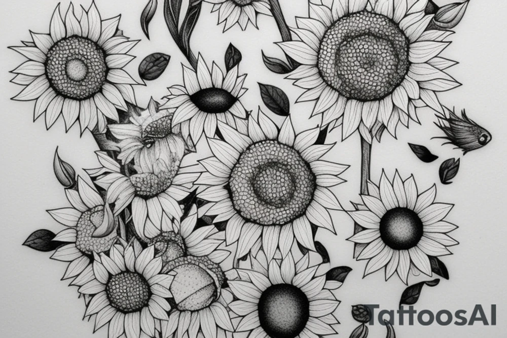philosophical and musing, with sunflowers and lilies "non ducor, duco" in quotes tattoo idea