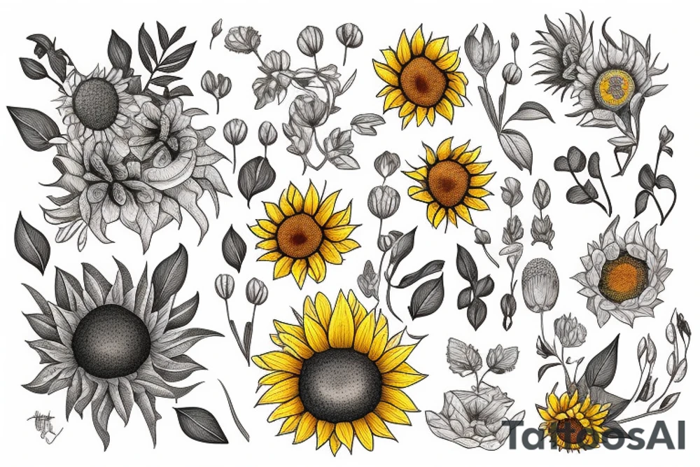 philosophical and musing, with sunflowers and lilies "non ducor, duco" in quotes tattoo idea