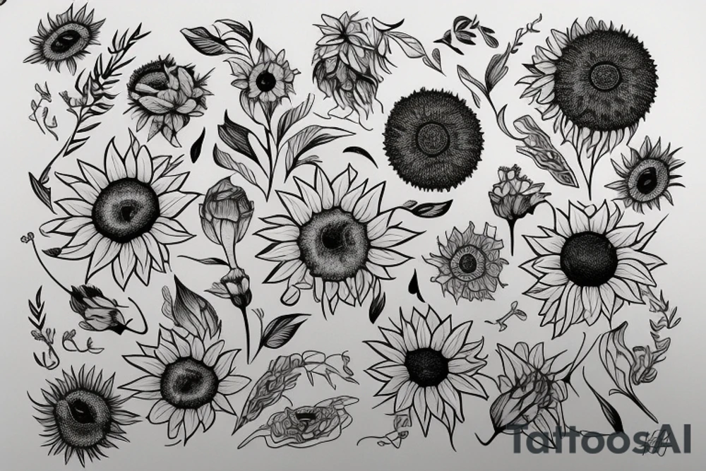 sunflowers and lilies "non ducor, duco" in quotes tattoo idea