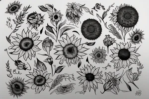 sunflowers and lilies "non ducor, duco" in quotes tattoo idea