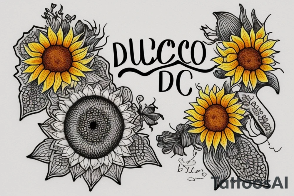 sunflowers and lilies with "non ducor, duco" in quotes tattoo idea