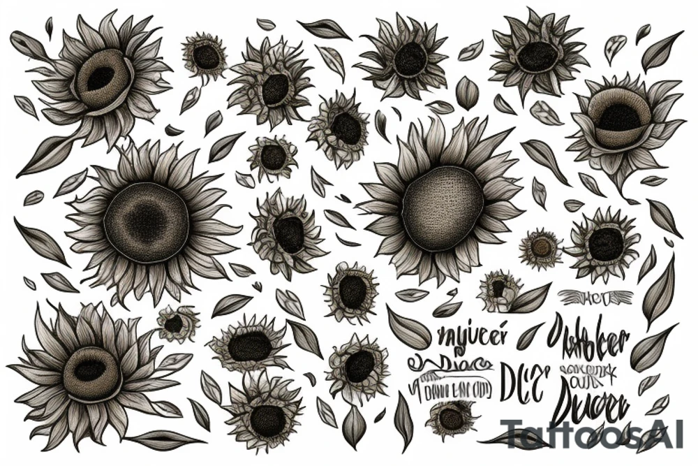 sunflowers and lilies with "non ducor, duco" in quotes tattoo idea