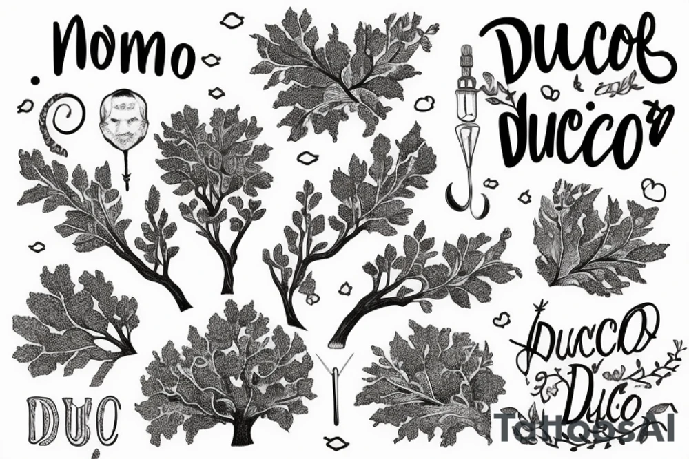 "non ducor, duco" in quotes with an oak tree surrounding it tattoo idea