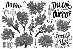 "non ducor, duco" in quotes with an oak tree surrounding it tattoo idea