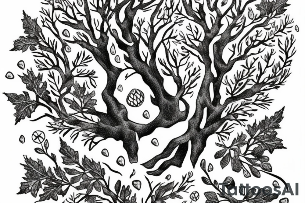 "non ducor, duco" in quotes with an oak tree surrounding it tattoo idea