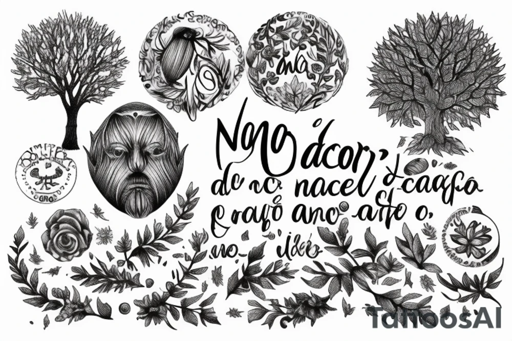 "non ducor, duco" in quotes with an oak tree surrounding it tattoo idea