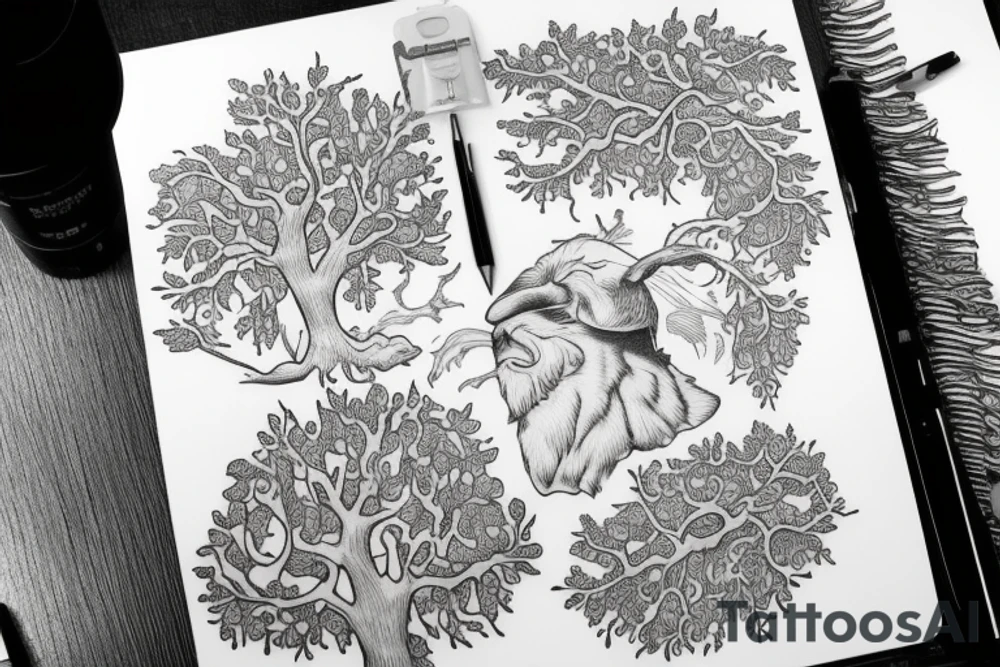 "non ducor, duco" in quotes with an oak tree surrounding it tattoo idea